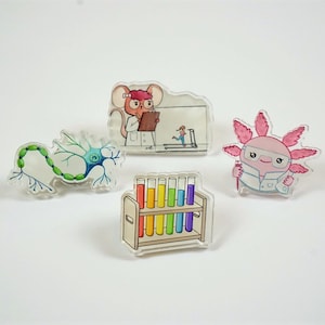 Science pins, molecular biology pins, axolotl pin, acrylic neuron pin, biology science gifts