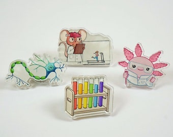 Science pins, molecular biology pins, axolotl pin, acrylic neuron pin, biology science gifts