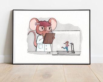 Mouse Scientist and Subject - Science Art Print - biology gift medical science art - biology art - watercolor print - science decor print