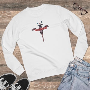 May include: White long-sleeve sweatshirt with a graphic of a pipette with the text "Pipette, my friend" on a red banner.