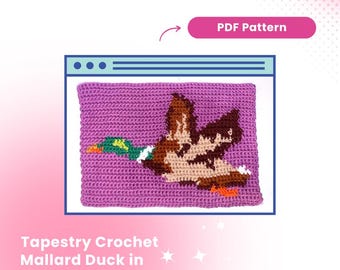 May include: A tapestry crochet pattern featuring a mallard duck in flight, displayed on a purple background. The duck is rendered in brown, tan, green, and orange. The image includes the text "Tapestry Crochet Mallard Duck in Flight Pattern" and a pink button that says "PDF Pattern".