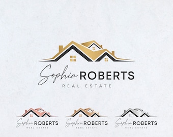 Könnte beinhalten: Ein Logo für ein Immobilienunternehmen namens "Sophia Roberts Real Estate". Das Logo zeigt ein stilisiertes Bild von drei Häusern in Gold, Schwarz und Weiß.