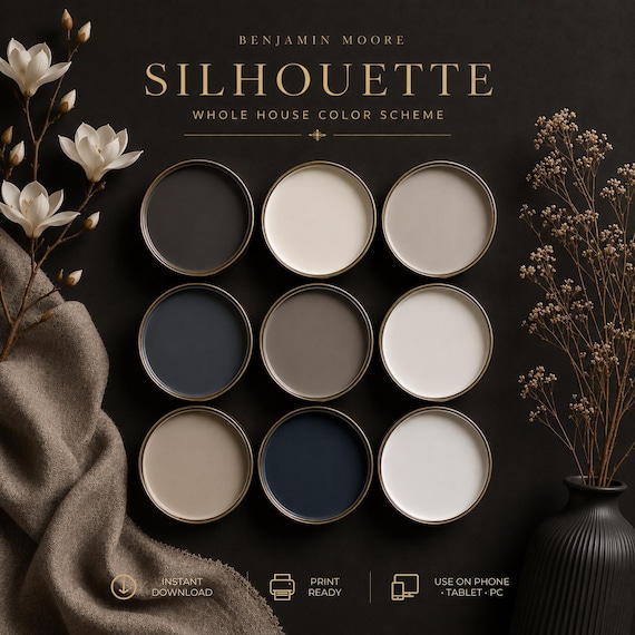 Benjamin Moore Silhouette Color Palette | Quiet Luxury Whole House Paint Scheme | Organic Modern Interior Design Guide PDF