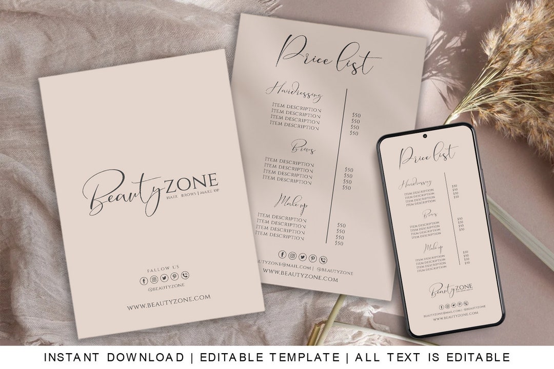 Editable Price List Template Digital Price List Salon Price Etsy