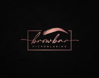 May include: A logo for a business called "browbar" that specializes in microblading. The logo features a stylized eyebrow in rose gold, with the business name and the words "microblading" in a rose gold font.