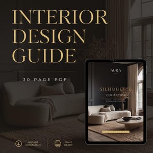 May include: A digital Interior Design Guide in PDF format. The cover features the text "INTERIOR DESIGN GUIDE" in gold lettering. The image includes a modern living room scene and a tablet displaying the "Silhouette Collection".