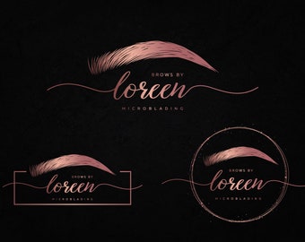 May include: Three logo designs for a business called "Brows by Loreen - Microblading". The logos feature a stylized eyebrow with a rose gold color and the business name in a cursive font.