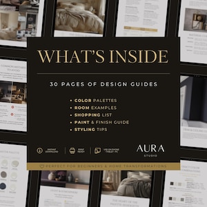 May include: A digital design guide titled "WHAT'S INSIDE" with 30 pages of design guides. The guide includes color palettes, room examples, shopping lists, paint & finish guides, and styling tips. The Aura Studio logo is displayed.
