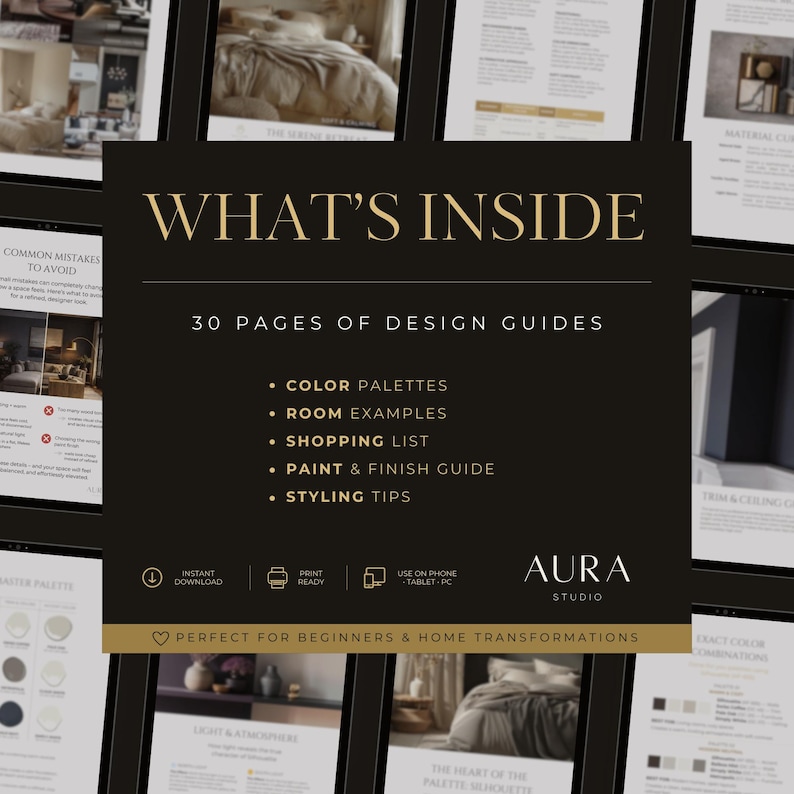 May include: A digital design guide titled "WHAT'S INSIDE" with 30 pages of design guides. The guide includes color palettes, room examples, shopping lists, paint & finish guides, and styling tips. The Aura Studio logo is displayed.