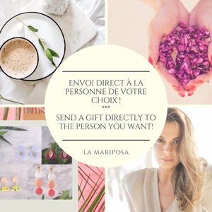 Peut inclure: Un collage d'images présentant des boucles d'oreilles en argile polymère faites à la main dans différentes couleurs et designs. Le texte "ENVOI DIRECT À LA PERSONNE DE VOTRE CHOIX! *** SEND A GIFT DIRECTLY TO THE PERSON YOU WANT! LA MARIPOSA" est affiché sur un fond crème.