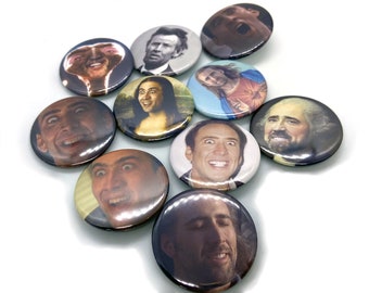 Nicolas Cage Meme Funny Viral Button Pin Set Hand Pressed Pinback 1.5 inch Backpack Hat Jacket Apparel Bag Quirky Best Friend Gift Custom