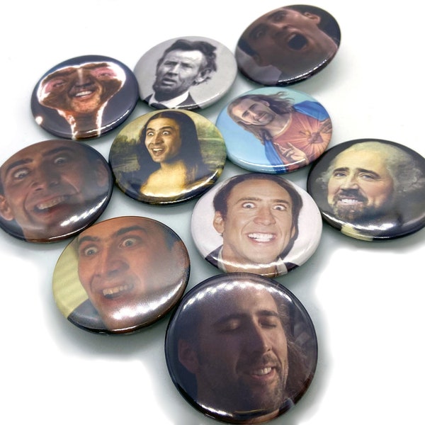 Nicolas Cage Meme Funny Viral Button Pin Set Hand Pressed Pinback 1.5 inch Backpack Hat Jacket Apparel Bag Quirky Best Friend Gift Custom