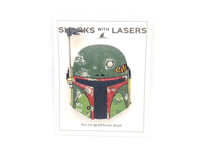 Old Boba Fett Helmet Wooden Lapel Pin Hand Painted Fun Star Wars Return of the Jedi Mandalorian Baby Yoda Engrave Laser Cut Lightweight