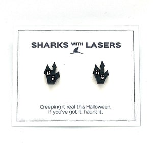 There’s Some Horrors in This House WAP Halloween Haunted House Earrings Cute Fun Spooky Jewelry Wooden Stud Earrings Hand Painted