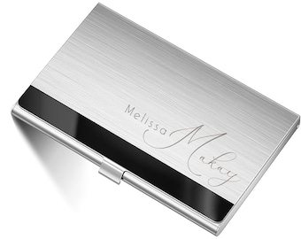Personalized BUSINESS CARD HOLDER Case Custom Engraved Birthday for Him Dad Son Gift Realtor Corporate Office Brushed Silver
