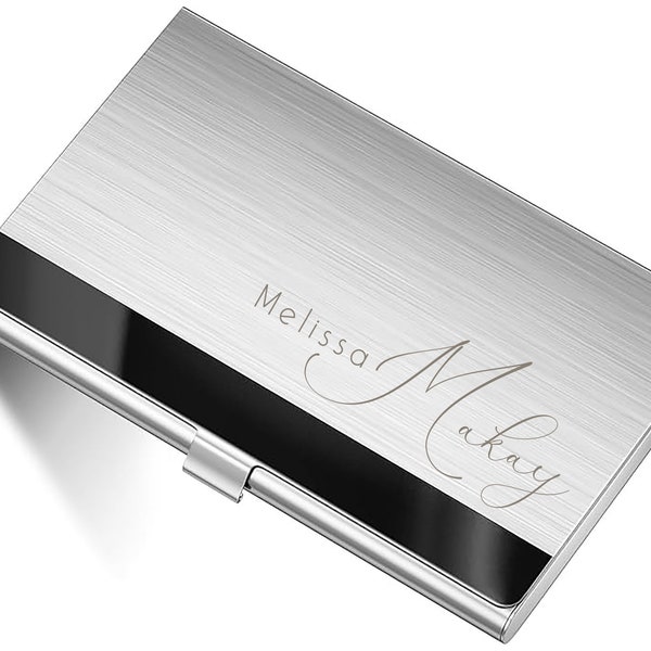 Personalized BUSINESS CARD HOLDER Case Custom Engraved Birthday for Him Dad Son Gift Realtor Corporate Office Brushed Silver