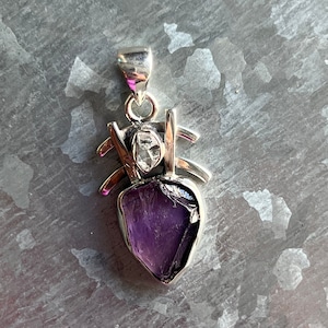 Natural White Herkimer Diamond and Amethyst 925 Sterling Silver Pendant