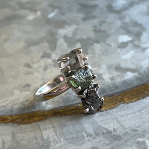 Size 7 Czech Moldavite, Meteorite campo Del Cielo and Herkimer Diamond 925 Sterling Silver Ring