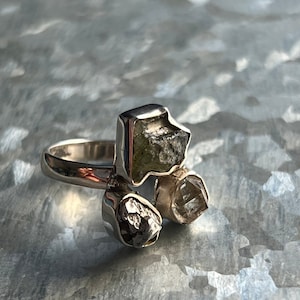 Size 8 Czech Moldavite, Meteorite campo Del Cielo and Herkimer Diamond 925 Sterling Silver Ring