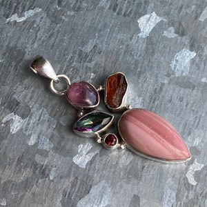 Pink Tourmaline, Rainbow Topaz & Garnet, Orange Kyanite 925 Sterling Silver Pendant