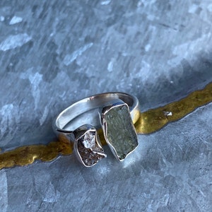 Czech Moldavite & Meteorite campo Del Cielo 925 Sterling Silver Ring Size 6.5 US
