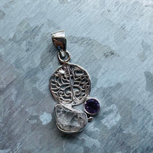 Herkimer Diamond and Purple Amethyst 925 Sterling Silver Pendant