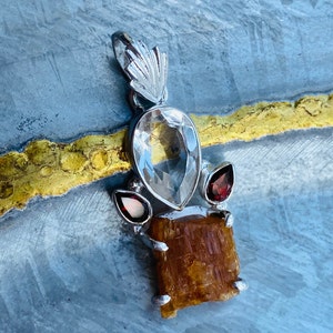 Meteorite Campo Del Cielo, Herkimer Diamond and Garnet 925 Sterling Silver Pendant