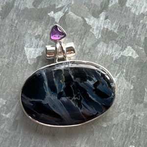 Blue Pietersite & Amethyst 925 Sterling Silver Pendant