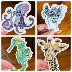 Fun animal custom vinyl waterproof sticker set , watercolor sticker set. Stocking stuffer, giraffe sticker, octopus sticker, alpaca sticker,