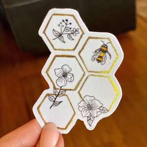 Gold Bee & Blossom, Bee Lovers Custom Sticker, waterproof vinyl laptop decal, gardener sticker, bee lovers, stocking stuffer, gifts for her