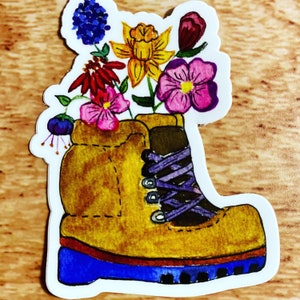 Hiking boot wildflower sticker, laptop decal, water bottle sticker, hiking sticker, nature sticker, outdoor sticker, gifts for hikers