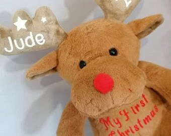 My first Christmas, Personalised Rudolph bear, Custom plush teddy, Xmas, Baby&#39;s first Christmas 2022, First Christmas keepsake