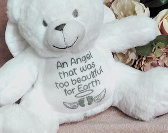 Urso anjo memorial personalizado, presente em memória da perda de um bebê, lindo demais para a Terra, lembrança de aborto espontâneo, pelúcia de condolências, luto infantil.