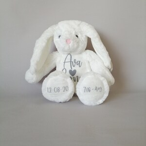 May include: White plush bunny rabbit with long floppy ears. The bunny has a gray embroidered heart and the name "Ava" on the chest. The bunny's feet are embroidered with the dates "12-08-20" and "7lb 4oz".