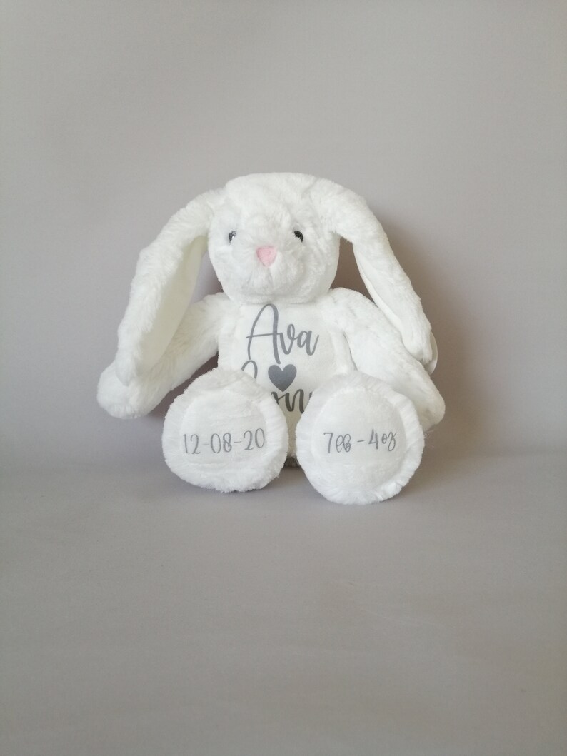 May include: White plush bunny rabbit with long floppy ears. The bunny has a gray embroidered heart and the name "Ava" on the chest. The bunny's feet are embroidered with the dates "12-08-20" and "7lb 4oz".