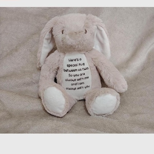 Personalised Teddy Keepsake, Customised Milestone Gift, Christening Memento, Congratulations Plush, Baby Shower Nursery Decoration Beige bunny