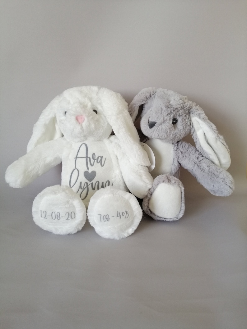 May include: Two plush bunny toys, one white and one gray, with embroidered details. The white bunny has the name "Ava Lynn" and the date "12-08-20" and "7:08-4:08" embroidered on its paws.