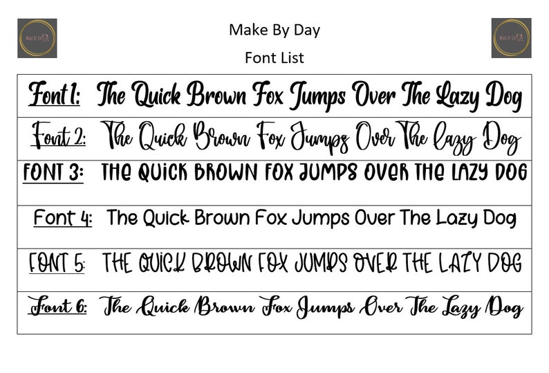 May include: A list of six different fonts, each displaying the phrase "The Quick Brown Fox Jumps Over The Lazy Dog". The fonts are labeled "Font 1" through "Font 6".