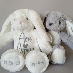 May include: Two plush bunny toys, one white and one gray, with embroidered names and dates. The white bunny has "Ava Lynn" and "12-08-20" embroidered on it, while the gray bunny has "7-08-40" embroidered on it.