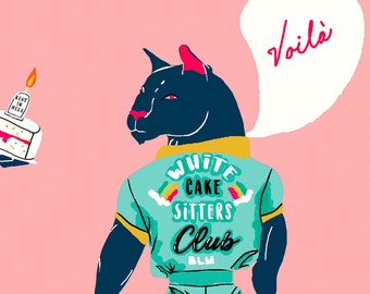 Big cat sitting on cake, pink diner wall print, pop art print, pink illustration, decoration gift, girlfriend gift, new home, poster print