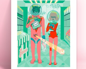 Space cat girl with tiger astronaut print, pop art, art print tiger, funny pop art. tiger wall art, tiger art, cat astronaut, weird wall art