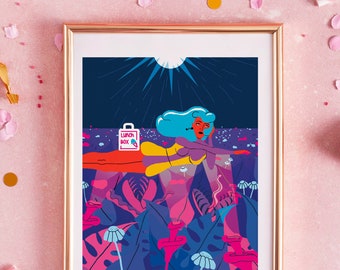 Impresión ilustrativa de una mujer voladora de ensueño, un campo de flores ingenioso, arte artístico y lúdico, arte ilustrativo de los años 60