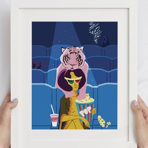 Illustrazione cinematografica di donna e tigre, arte illustrativa di film, divertente stampa artistica illustrativa, arte artistica di film