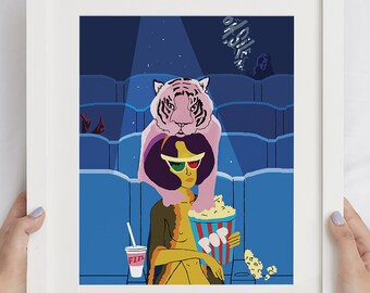 Ilustración cinematográfica de una mujer y un tigre, arte ilustrativo de películas, impresión artística ilustrativa divertida, arte cinematográfico ingenioso