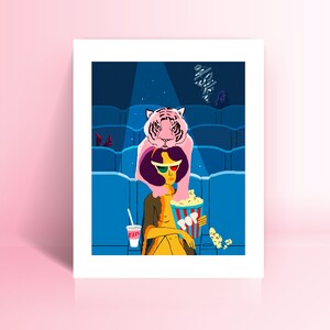 May include: A colorful illustration depicts a person wearing 3D glasses, holding popcorn and a drink, with a pink tiger behind them in a movie theater. The word "FIZZ" is visible on the drink cup.