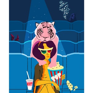 May include: Illustration of a person in 3D glasses holding popcorn and a drink in a movie theater. A pink tiger is superimposed over the person. The word "Fizz" is on the drink cup.