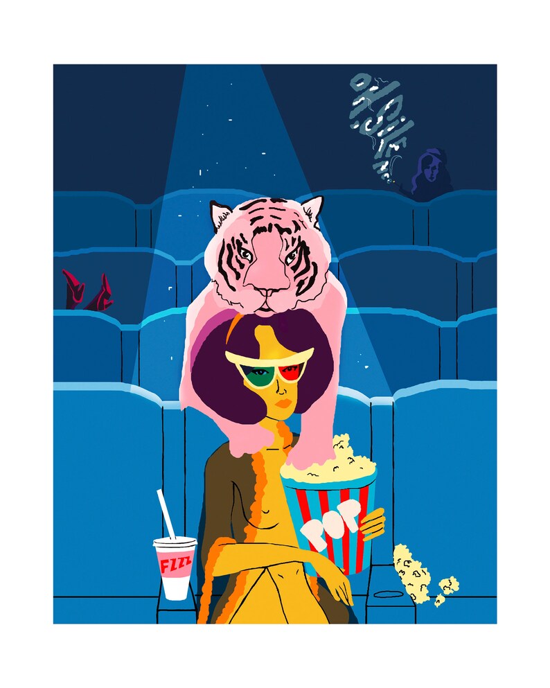May include: Illustration of a person in 3D glasses holding popcorn and a drink in a movie theater. A pink tiger is superimposed over the person. The word "Fizz" is on the drink cup.