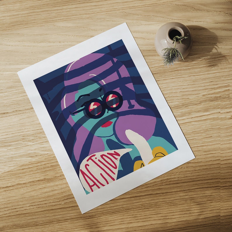 Puede incluir: Una ilustraci&oacute;n abstracta colorida de una persona con gafas de sol y un atuendo morado y azul. La persona sostiene un globo de di&aacute;logo que dice "ACCI&Oacute;N".