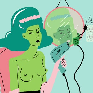 May include: Illustration of a green-skinned person with teal hair and a pink headband, holding a teal hairdryer. The person is looking in a round mirror, also green-skinned, with a pink frame. A black plug is sparking near an outlet.