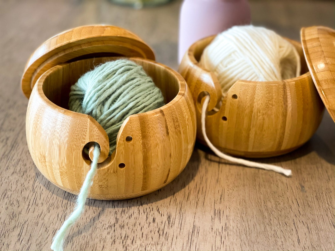 Handmade Bamboo Wooden Yarn Bowl with Lid Knitting Crochet Etsy